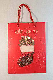 Новорічний пакет  24 см х 18 см х 8.5 см Merry Christmas червоний