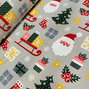 Фланелева тканина новорічна, Санта з подарунками та санами на сірому (шир. 2,4 м) (FL-FR-0417)