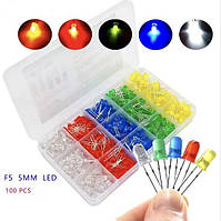 Набір світлодіодів 5 мм — 100 шт. у Кейсі (5 кольорів: червоний, зелений, жовтий, білий і синій)