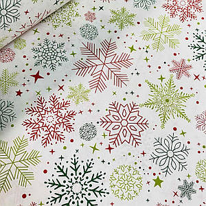Тканина поплін червоні та зелені сніжинки на білому (ТУРЦІЯ шир. 2,4 м) (R-FR-0140)