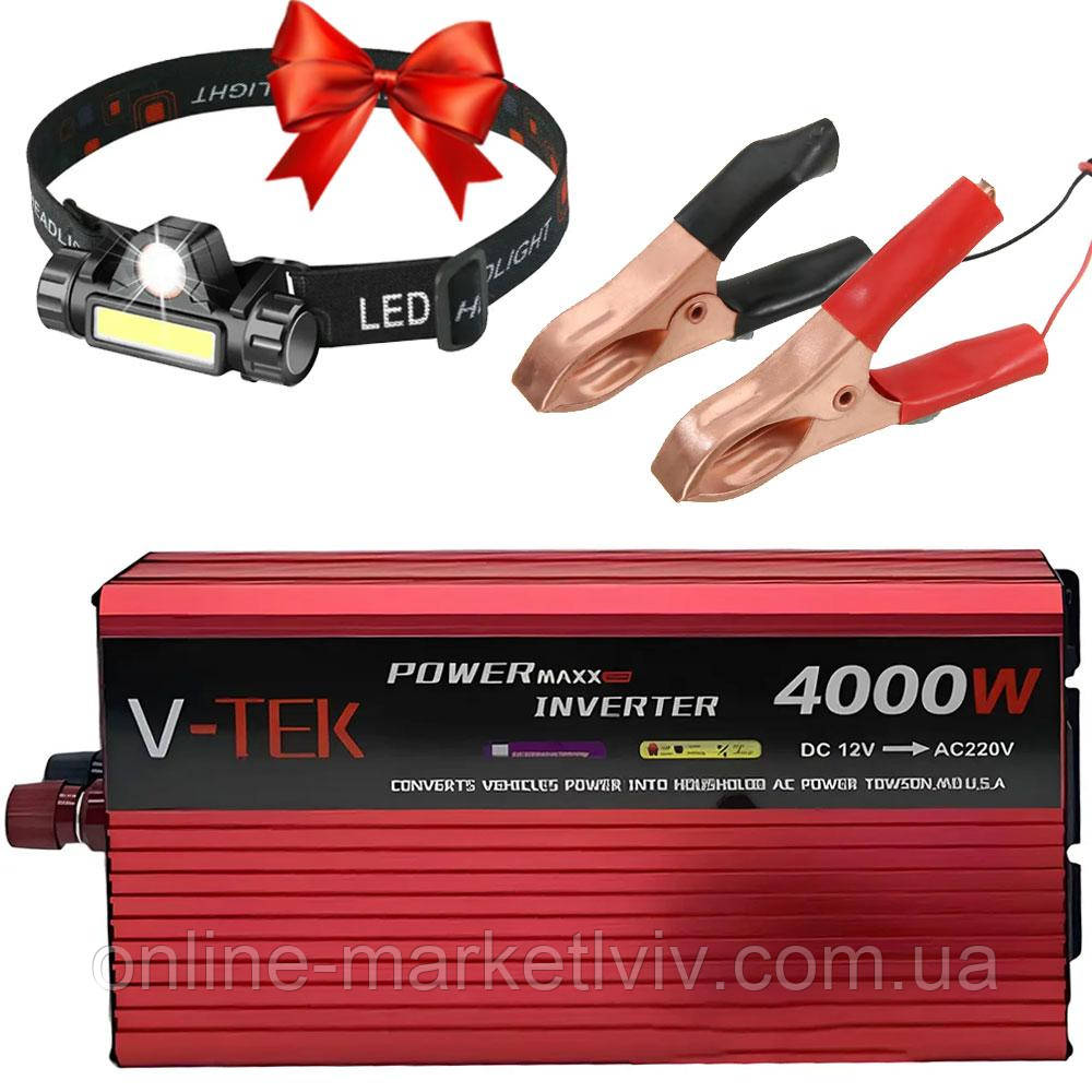 Інвертор 4000Вт, 12V-220V , V-TEK + Подарунок Налобний ліхтар BL-8101 / Перетворювач напруги в машину, фото 1