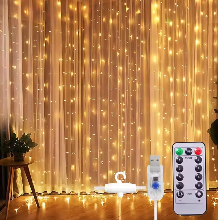 Гірлянда Штора "Крапля Роси" 3х3м 300LED теплий білий, USB + пульт керування + гачки