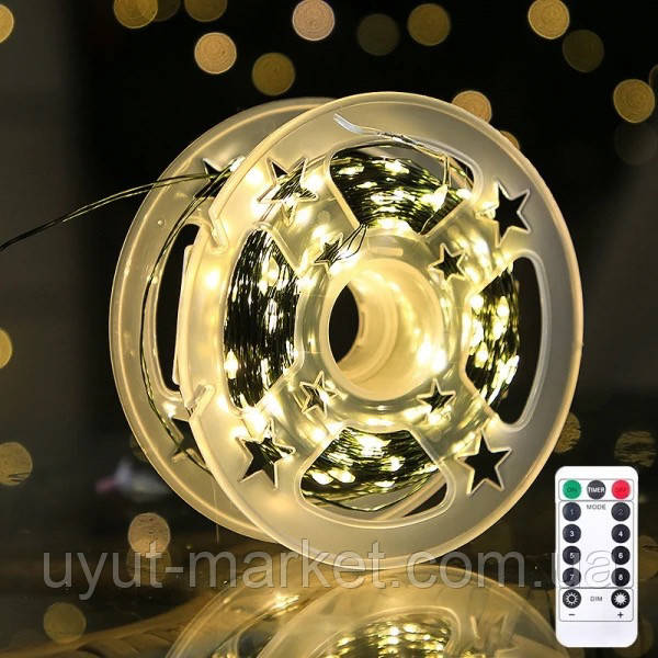 Новорічна USB-гирлянда нитка Роса на котушці 100м 1000LED тепла біла 8 режимів з пультом зелений дріт, фото 1