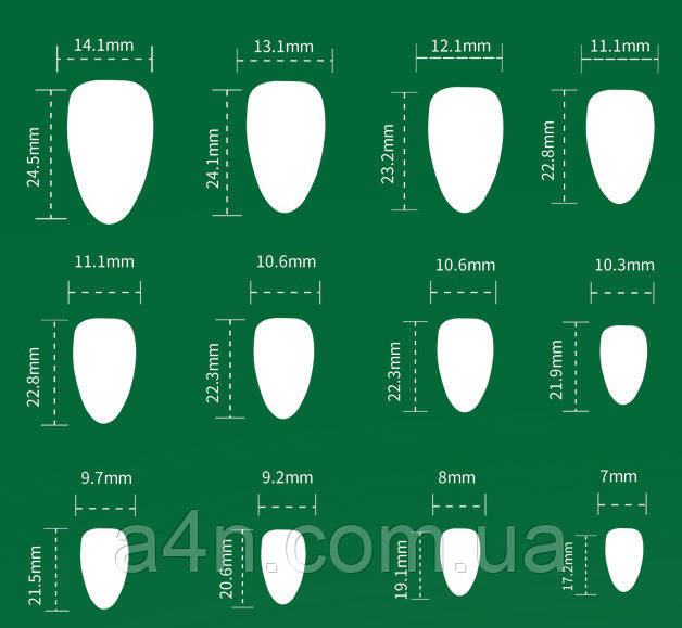 Накладные ногти - Интернет-магазин A4N Размеры накладных ногтей