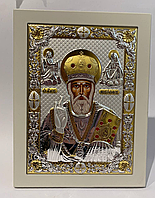 Серебряная икона святого Николая в деревянной рамке 20х26см