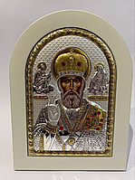 Серебряная икона Святого Николая в деревянной рамке 15х21см
