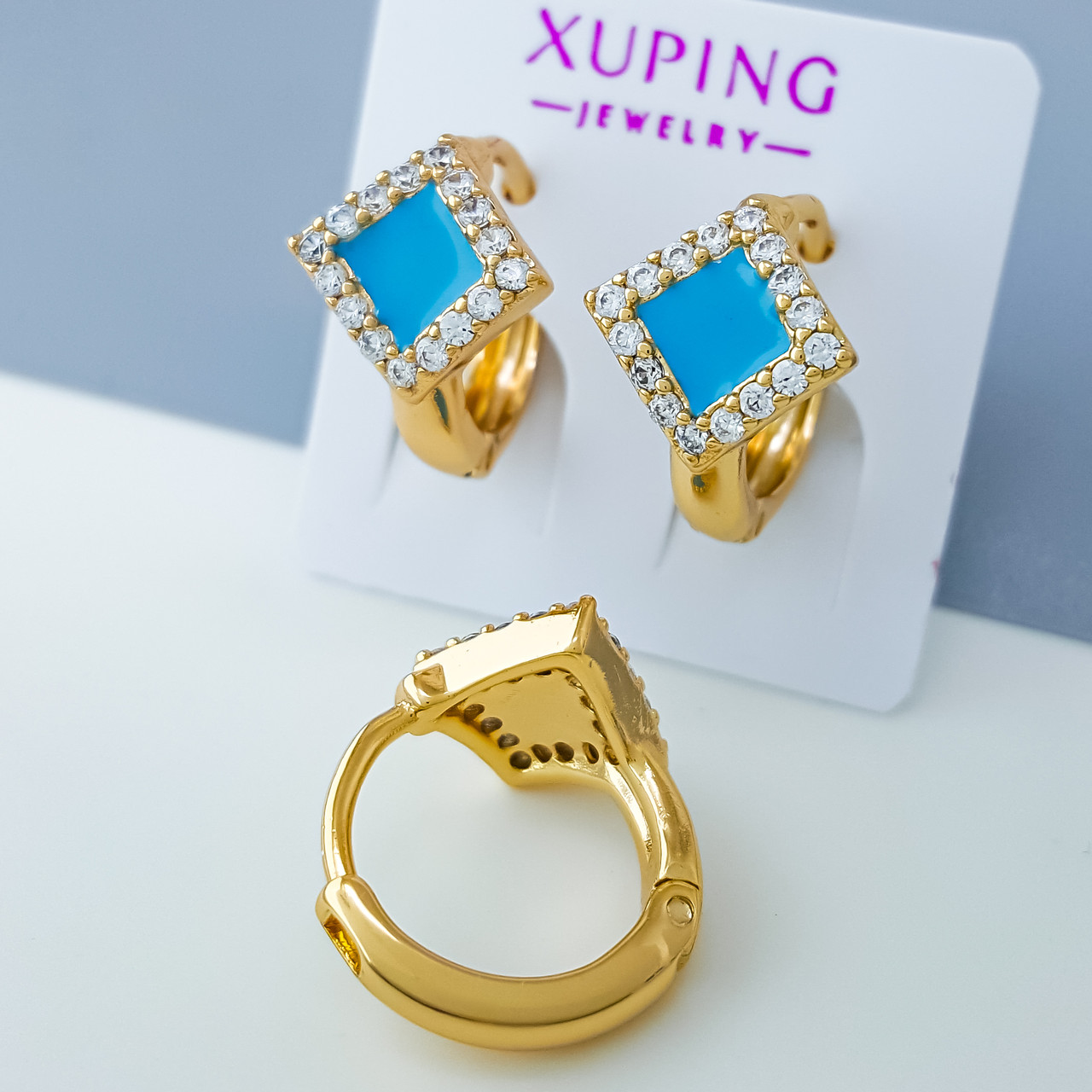 Сережки дитячі "Ромб" з бірюзовою емаллю та камінням, медзолото Xuping позолота 18К