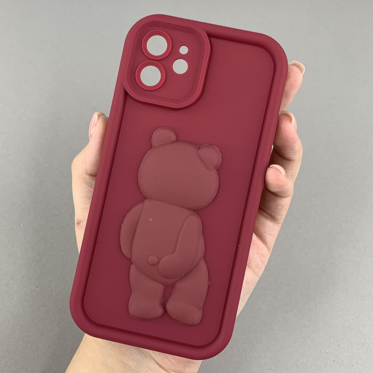 Чохол для Apple iPhone 12 чохол з об'ємним ведмедиком на телефон айфон 12 бордовий q01e