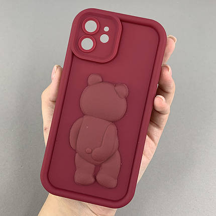 Чохол для Apple iPhone 12 чохол з об'ємним ведмедиком на телефон айфон 12 бордовий q01e, фото 1
