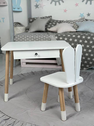 Дитячий білий стіл з шухлядою та стілець зайчик білій. Для дітей 1 групи зросту (100-115см), фото 1