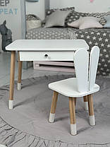 Дитячий білий стіл з шухлядою та стілець зайчик білій. Для дітей 1 групи зросту (100-115см), фото 4