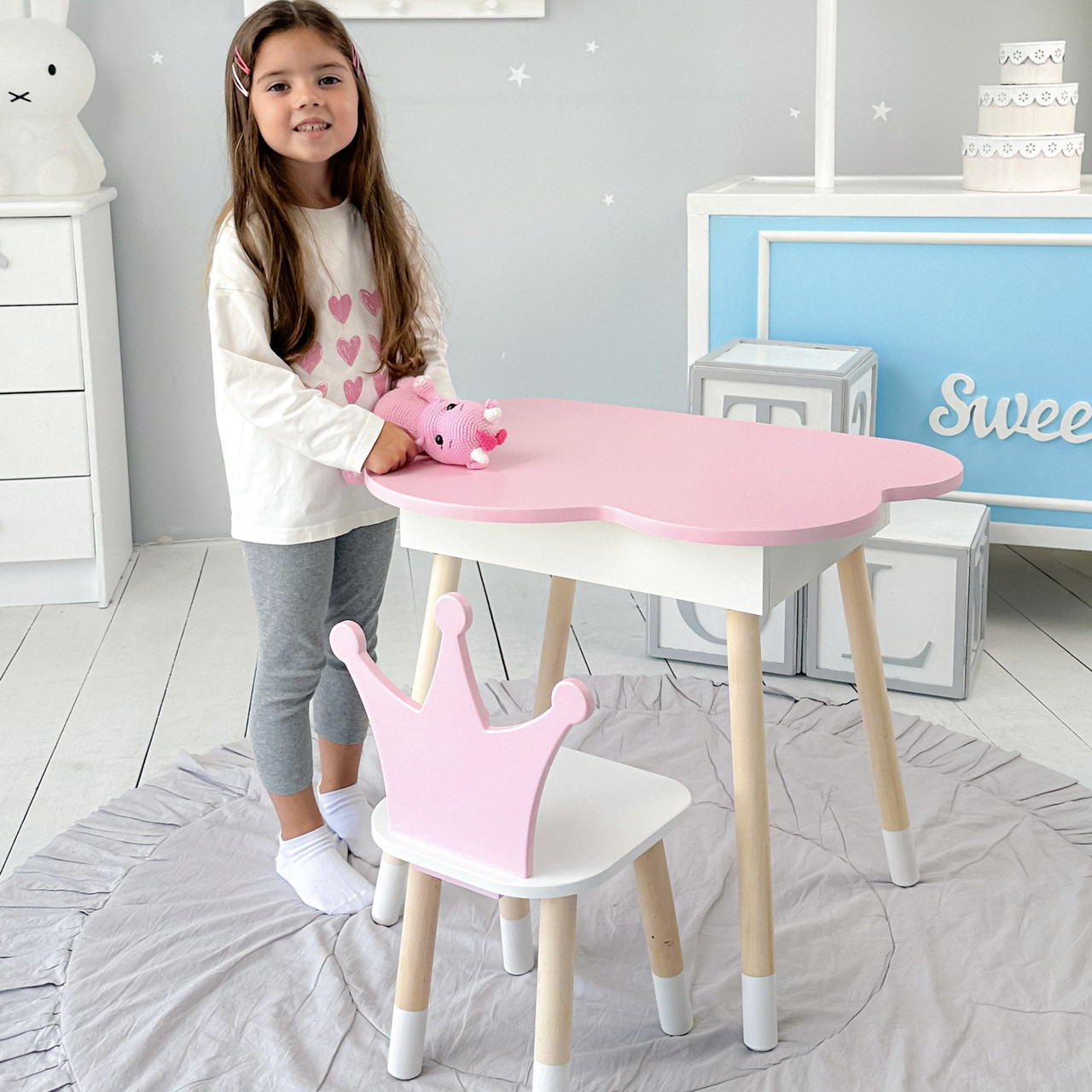 Новинка! Дитячий стіл рожевий хмарка з нішею і стільчик корона рожевий 93061, фото 1