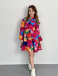 Стильна сукня для дівчат у вільному пошитті з яскравим принтом розміри 134-158