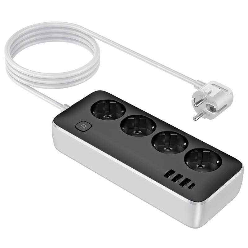 Подовжувач мережевий Hoco AC21, 4 розетки, 3USB, Type-C, 3 м, чорний