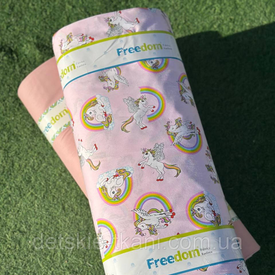 Тканина ранфорс оптом "Єдинороги з крилами та веселки на рожевому" (рулонами), фото 1