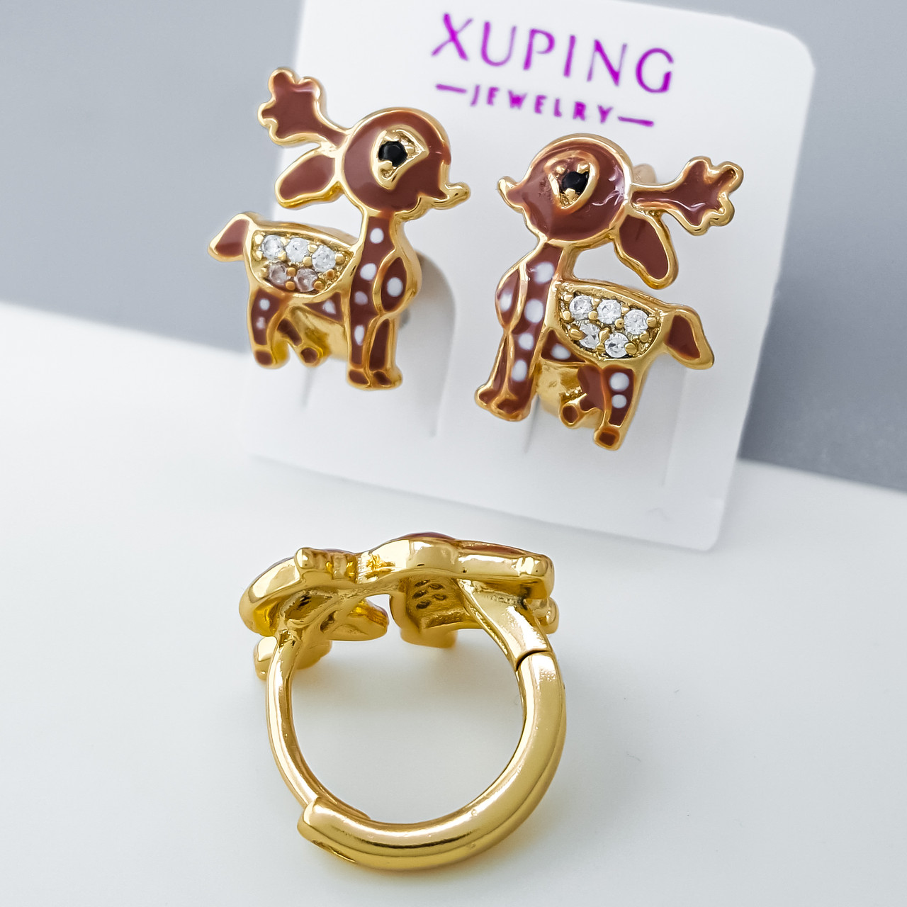 Сережки дитячі "Бембі" з коричневою емаллю та камінням, медзолото Xuping позолота 18К