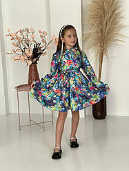 Біла сукня для дівчат у вільному пошитті з яскравим принтом розміри 134-158