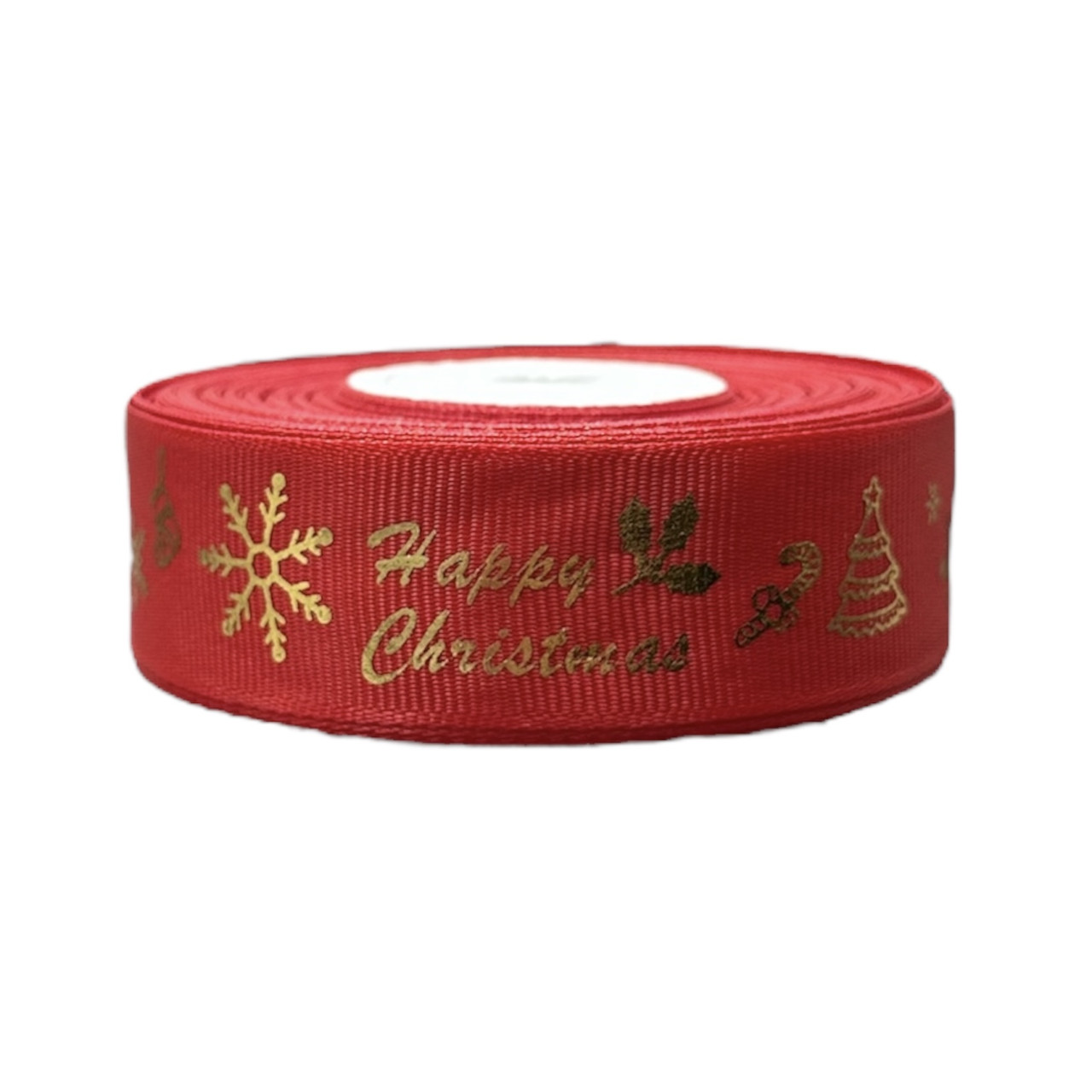 Стрічка репсова 2,5 см (1 м) "Happy Cristmas" червона