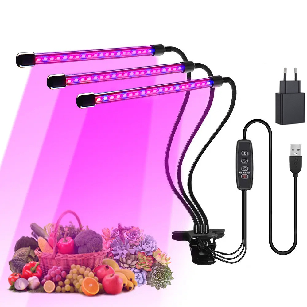 Світлодіодна фітолампа для кімнатних рослин з таймером потрійна GreenLand 30W USB + сім'я 220 В