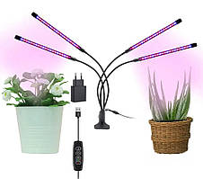 Світлодіодна фітолампа для кімнатних рослин з таймером (4 лампи) GreenLand 40W USB + мережа 220 В