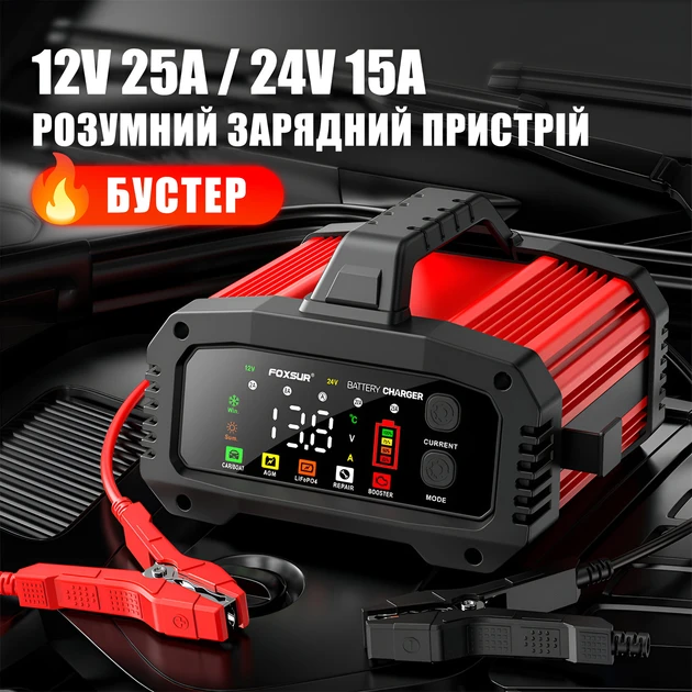 Зарядний пристрій для акумулятора FOXSUR (12V/25A-24V/15A) FPT-250