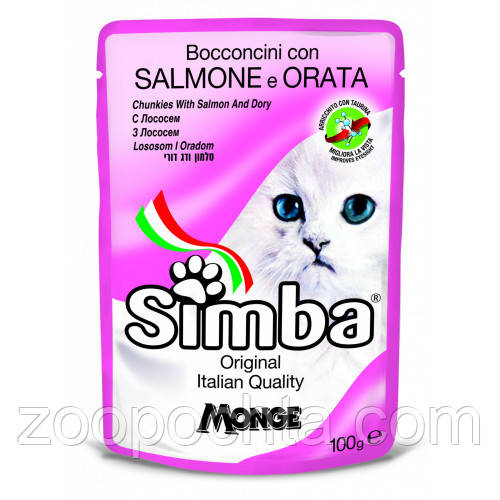 Акція 12+12! Вологий корм для котів SIMBA (Симба) CAT WET лосось та рибка дорі 0.1 кг 24 шт