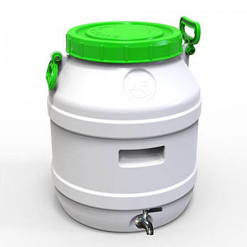 Бідон Євро Пласт 45л харчовий з  нержавіючим краном AISI 304 зелена кришка Так, фото 1