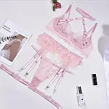 Жіночий комплект білизни ніжно-рожевого кольору ліф, трусики, пояс і нашийник, фото 2