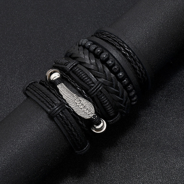 Браслет чоловічий шкіряний Wing Black 6 шт у наборі
