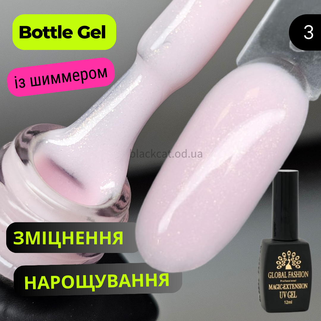 Ботл гель з блискітками, шиммером Magic Extension Global Fashion для зміцнення та нарощування нігтів рожевый 12 ml №3