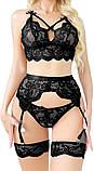 Чорний жіночий комплект білизни з поясом та гартерами на ноги, фото 3