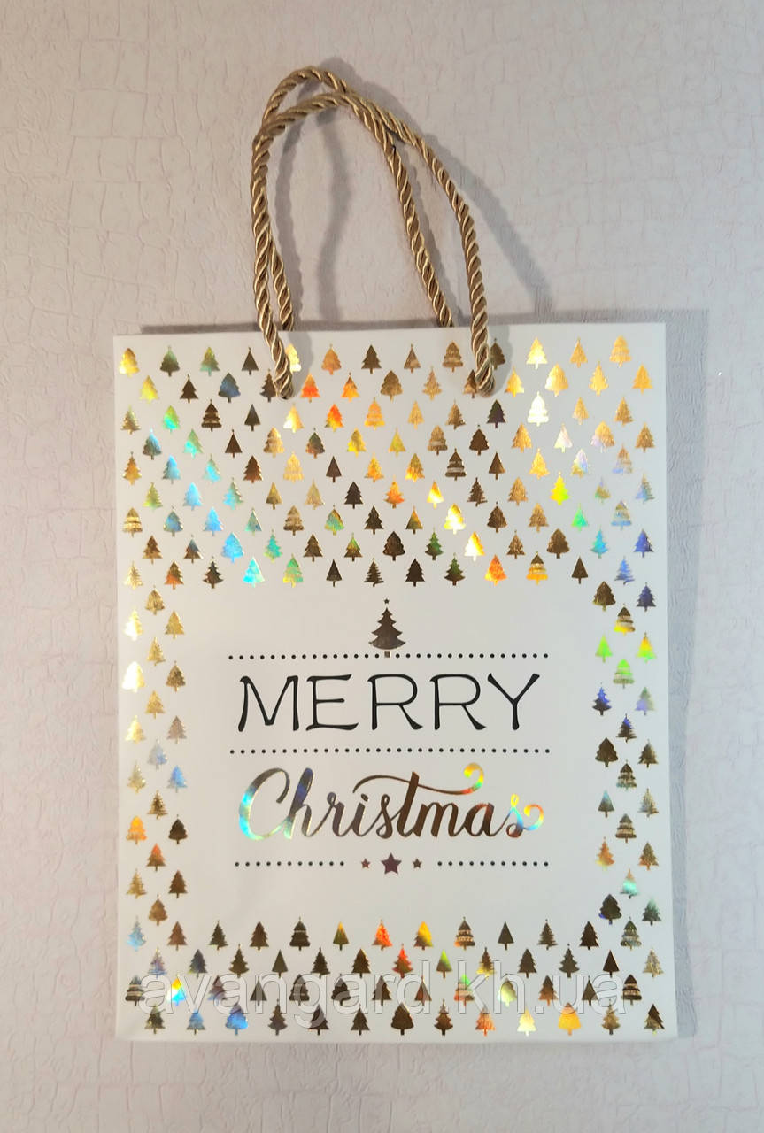 Новорічний пакет 23 см х 18 см х 8 см Merry Christmas ялинки