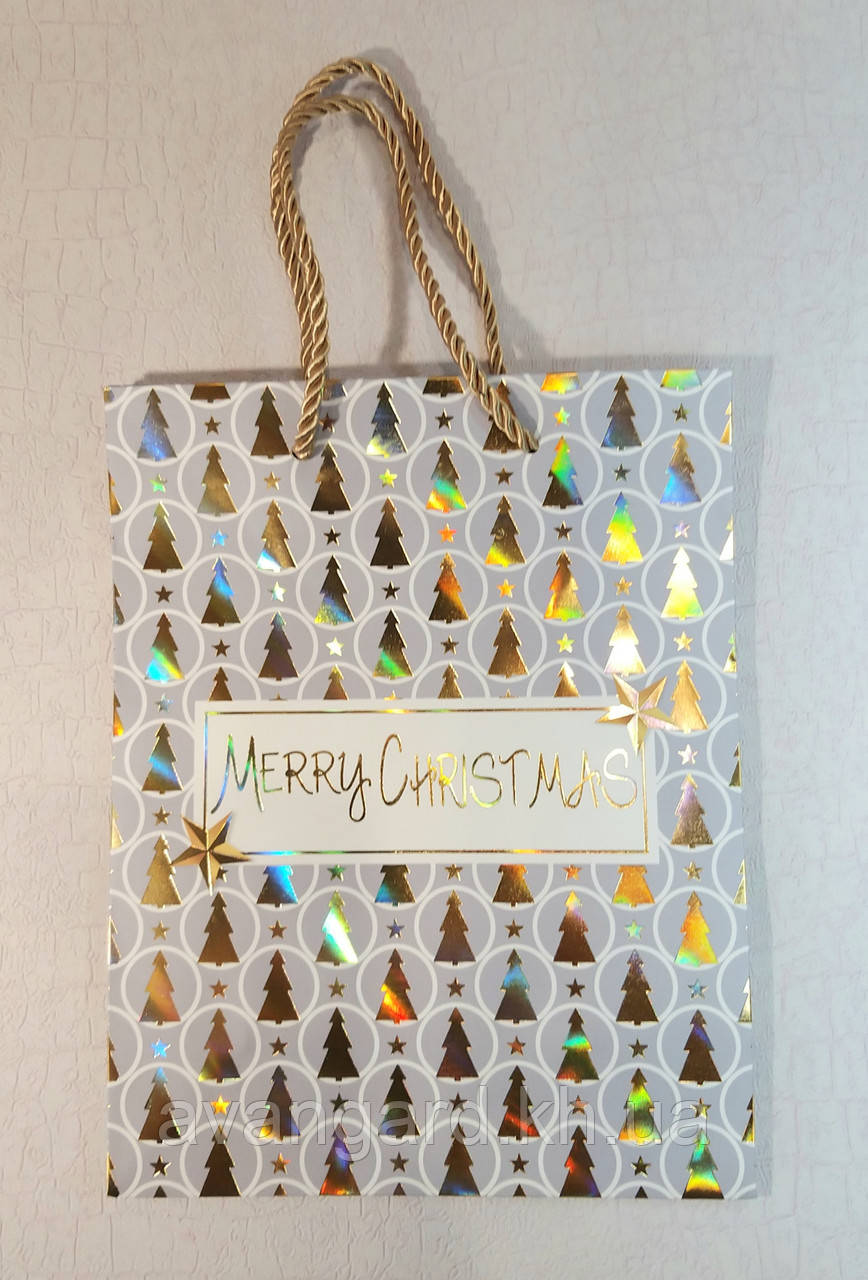 Новорічний пакет 23 см х 18 см х 8 см Merry Christmas ялинки