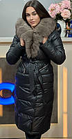 Жіноче довге зимове стьобане пальто чорне з капюшоном та натуральним хутром XL