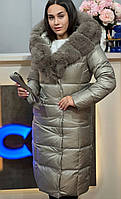 Жіноче довге зимове стьобане пальто з капюшоном та натуральним хутром XXL