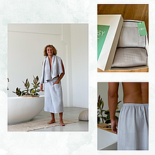 Рушник халат для чоловіків банні комплект розмір L, подарунковий набори халатів вафельні Сірий