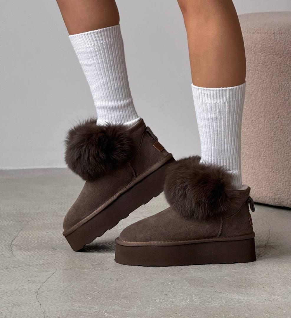 Зимові жіночі уггі замшеві короткі з опушкою коричневі натуральна замша, фото 1