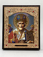 Ікона в обкладі, риза, дерев'яний кіот на підставці "Святий Микола — диво". Оригінальна робота. Позолот