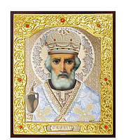 Ікона в обкладі, риза, дерев'яний кіот на підставці "Святий Микола — диво". Оригінальна робота. Позолот