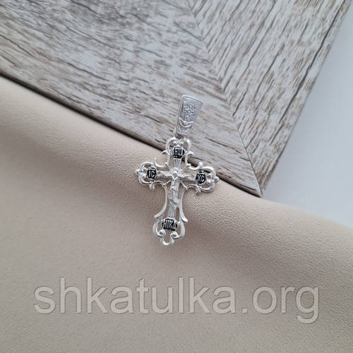 Хрестик срібний з розп'яттям написом Врятуй і Збережи та чорнінням