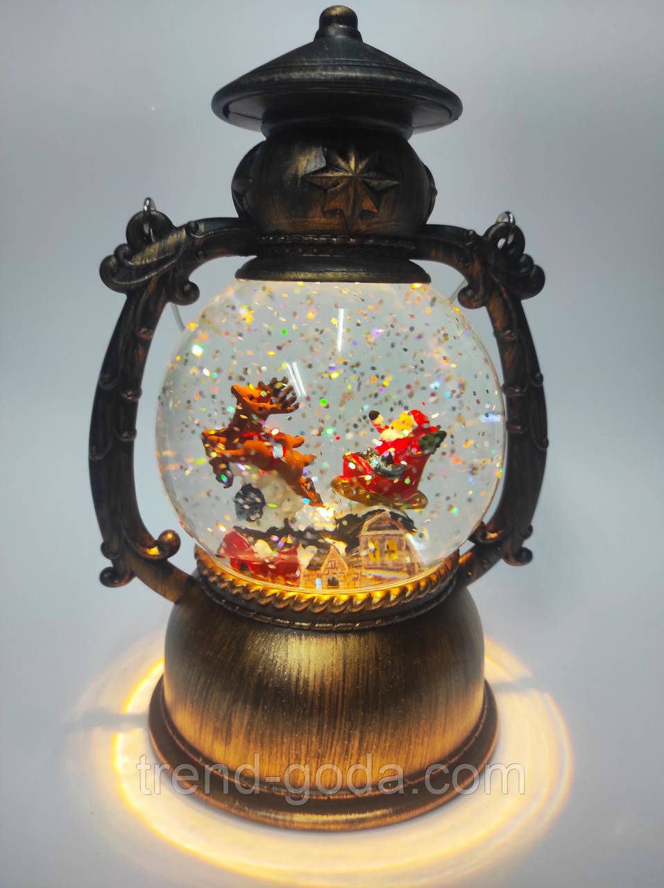 Новорічний Музичний Ліхтар зі снігом Снігова куля з Дідом Морозом декоративний нічник Led з підсвічуванням на батарейках та ЮСБ, фото 1