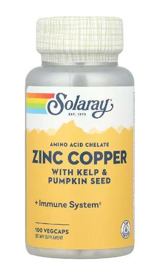 Мінеральний комплекс Solaray® Zinc & Copper with Brown Algae & Pumpkin Seeds 100 Capsules, фото 1