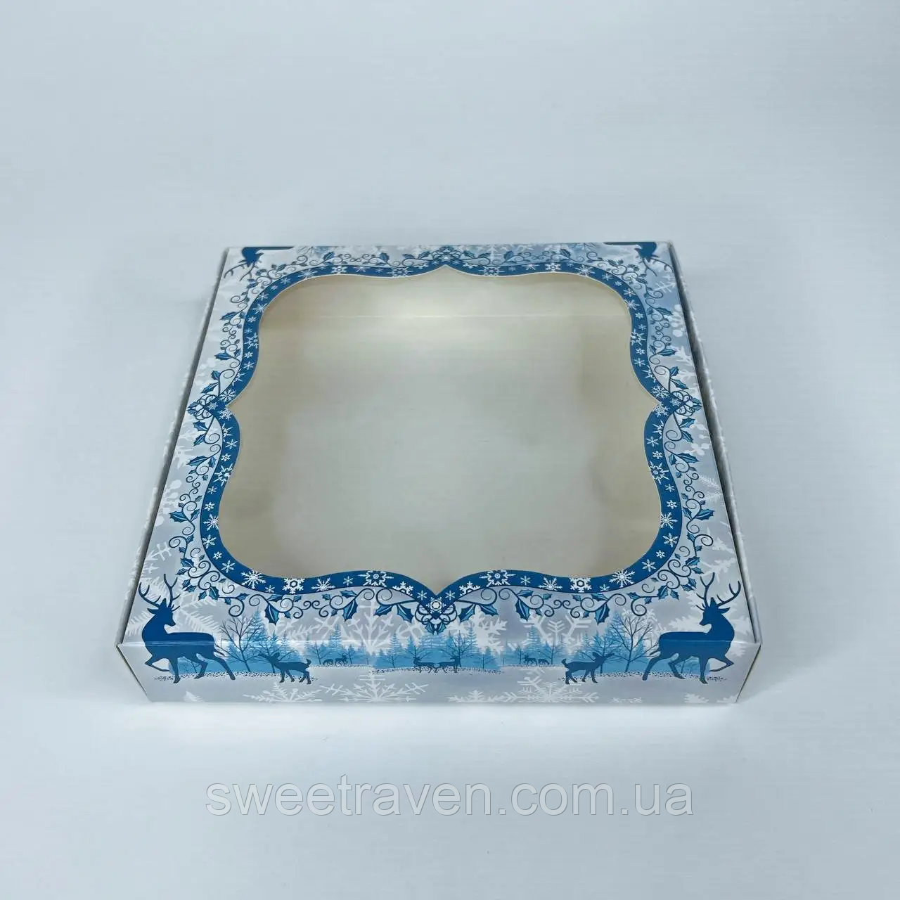 Коробка для пряників (150*150*30 мм.) з вікном (сніжинки/олені)