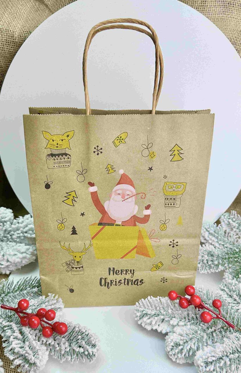 Пакет паперовий крафтовий 27 х 22 х 11см, Merry Christmas, Санта мікс, фото 1