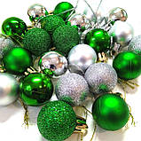 Набір новорічних іграшок 48 шт 2.5см зелені з сріблом | прикраси ялинкові зелені | новорічні іграшки, фото 2