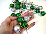 Набір новорічних іграшок 48 шт 2.5см зелені з сріблом | прикраси ялинкові зелені | новорічні іграшки, фото 5