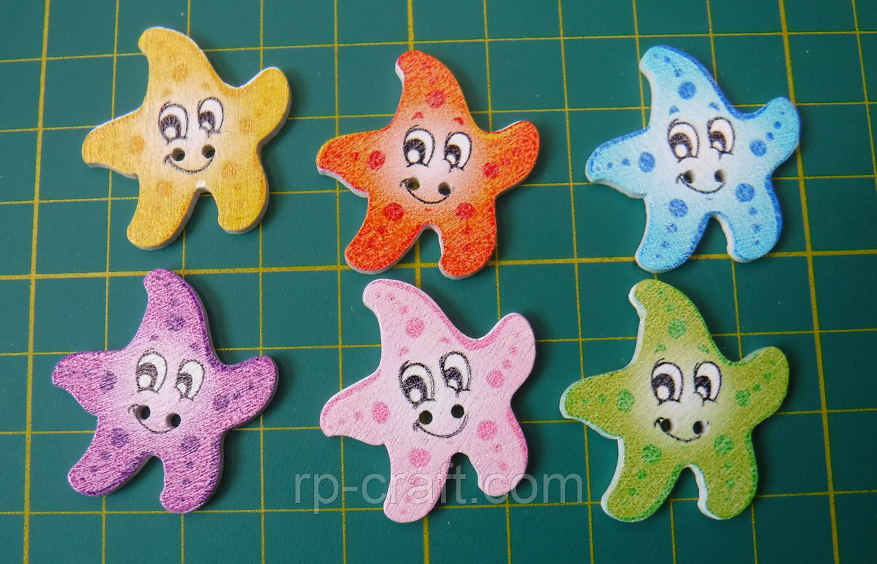 Гудзик дерев'яний,  декоративний, морська зірка, 28х30 мм, фото 1