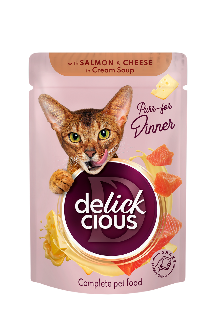 Delickcious паучі для котів 85г*12шт (смужки з лососем та сиром в крем-супі)