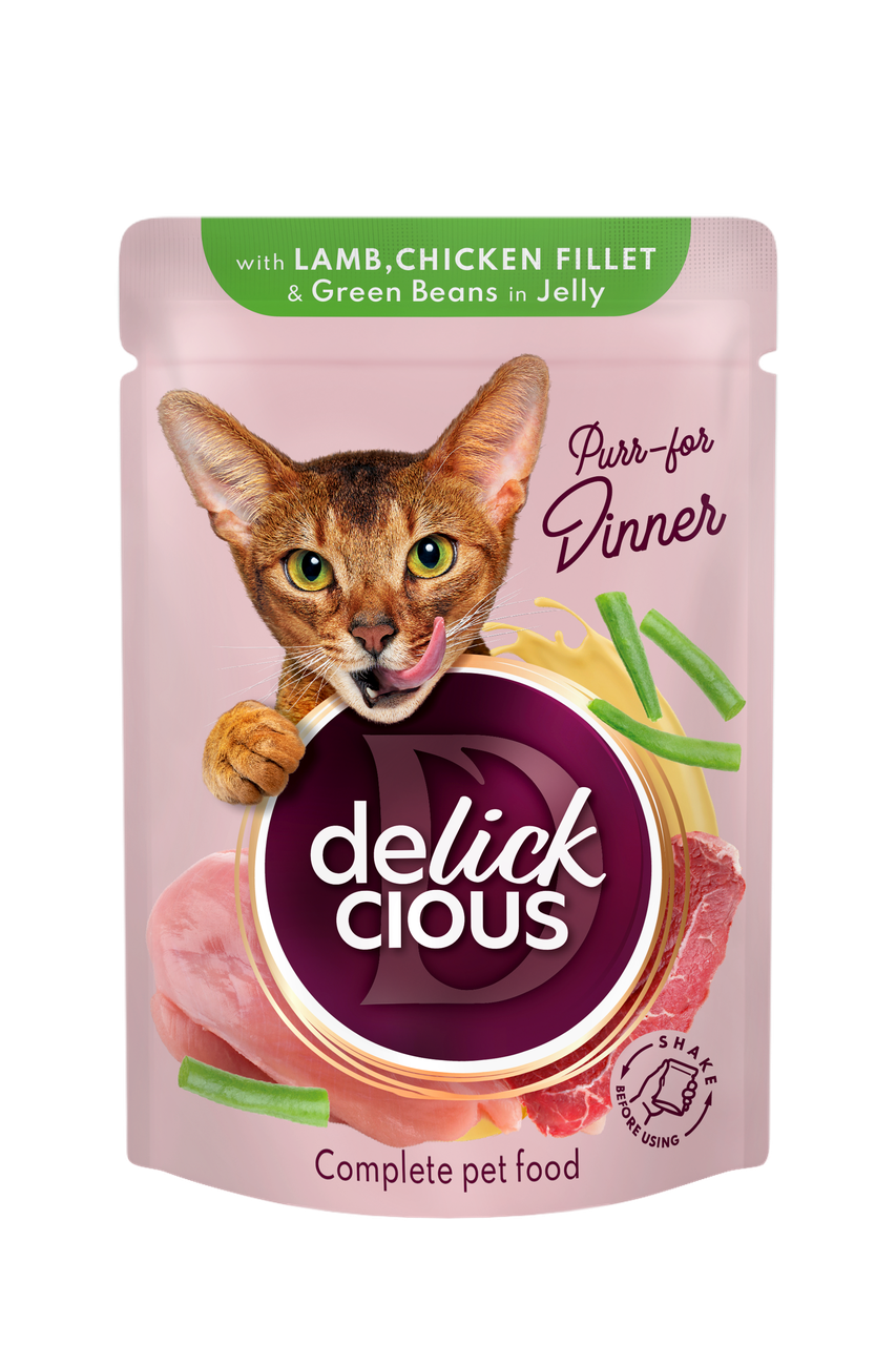 Delickcious паучі для котів 85г*12шт (шматочки з ягнятиною, курячим філе і квасолею спаржевою в желе)