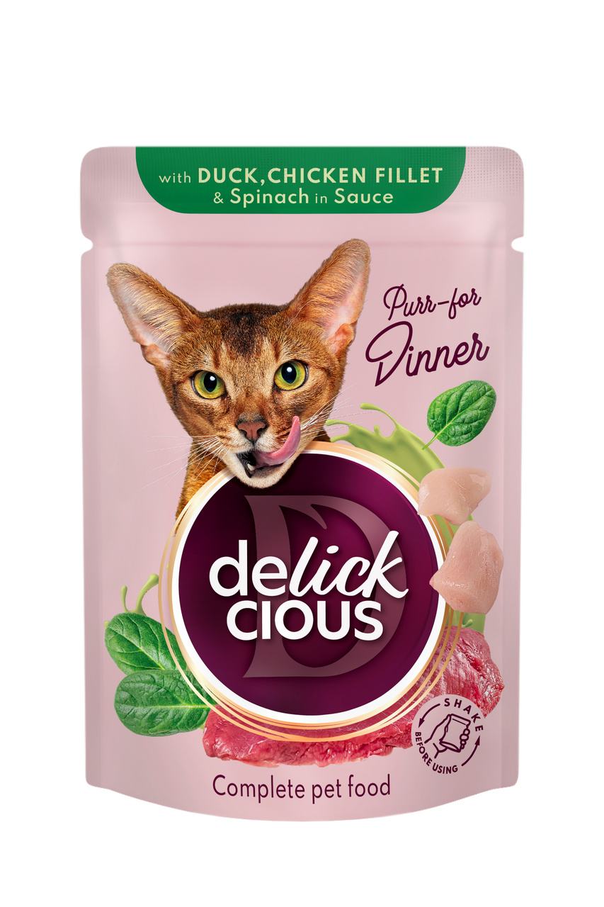 Delickcious паучі для котів 85г*12шт (шматочки з качкою, курячим філе і шпинатом в соусі)